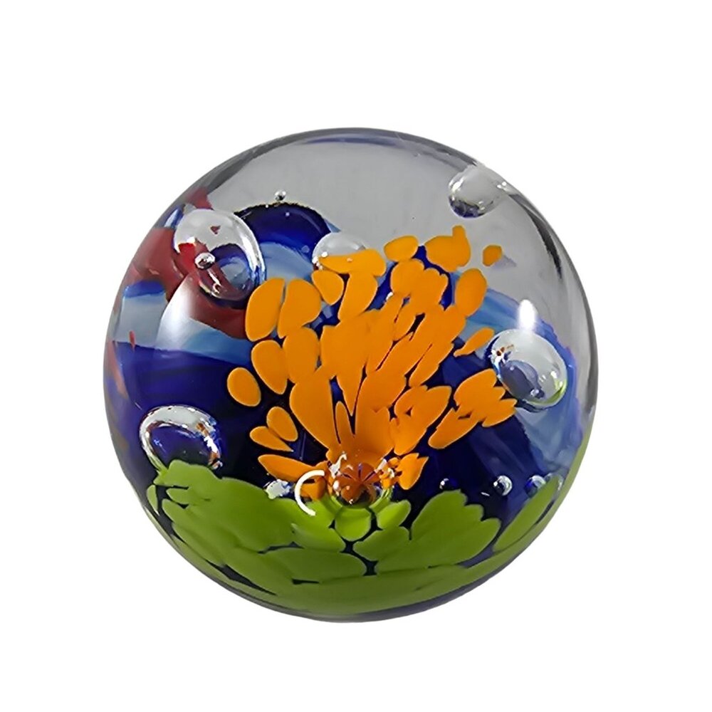 Vintage Art Glass Paperweight Blue Yellow Orange Red Controlled Bubbles